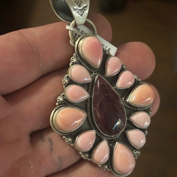 STERLING SILVER NATIVE AMERICAN SIGNED PINK CONCH PURPLE SPINY OYSTER PENDANT - Picture 8 of 9